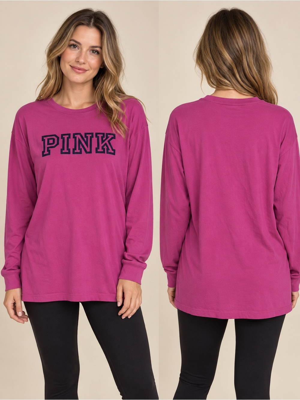 Victoria’s Secret PINK Magenta Varsity Logo Long Sleeve Tee